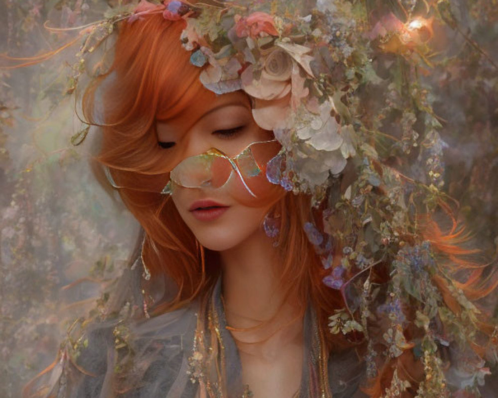 Woman with Orange Hair and Floral Crown in Ethereal Setting