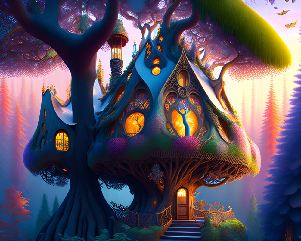 Enchanted Forest Scene: Fantasy Treehouse with Glowing Windows