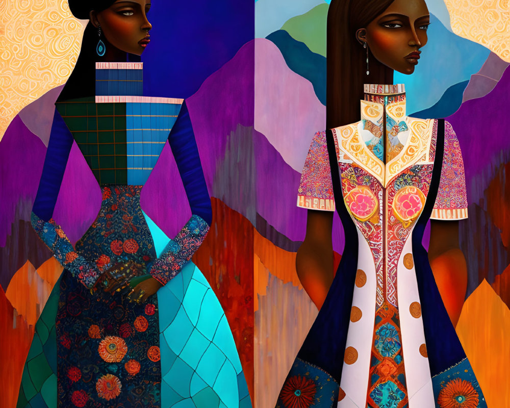 Stylized women in vibrant dresses against abstract mountain background