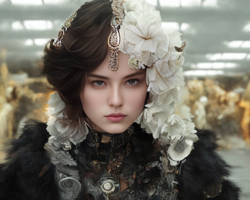 Intense Blue-Eyed Person in Luxurious Headpiece with White Flowers and Gold Ornaments