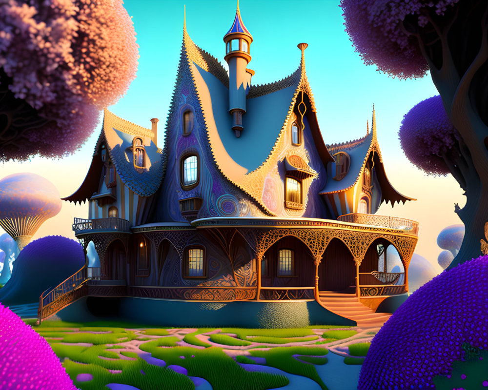 Fantasy castle illustration with vibrant flora and glowing sky