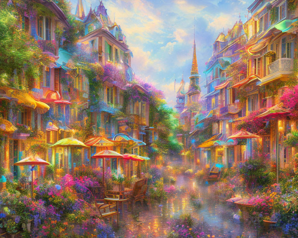 Fantasy street with colorful buildings and floating umbrellas