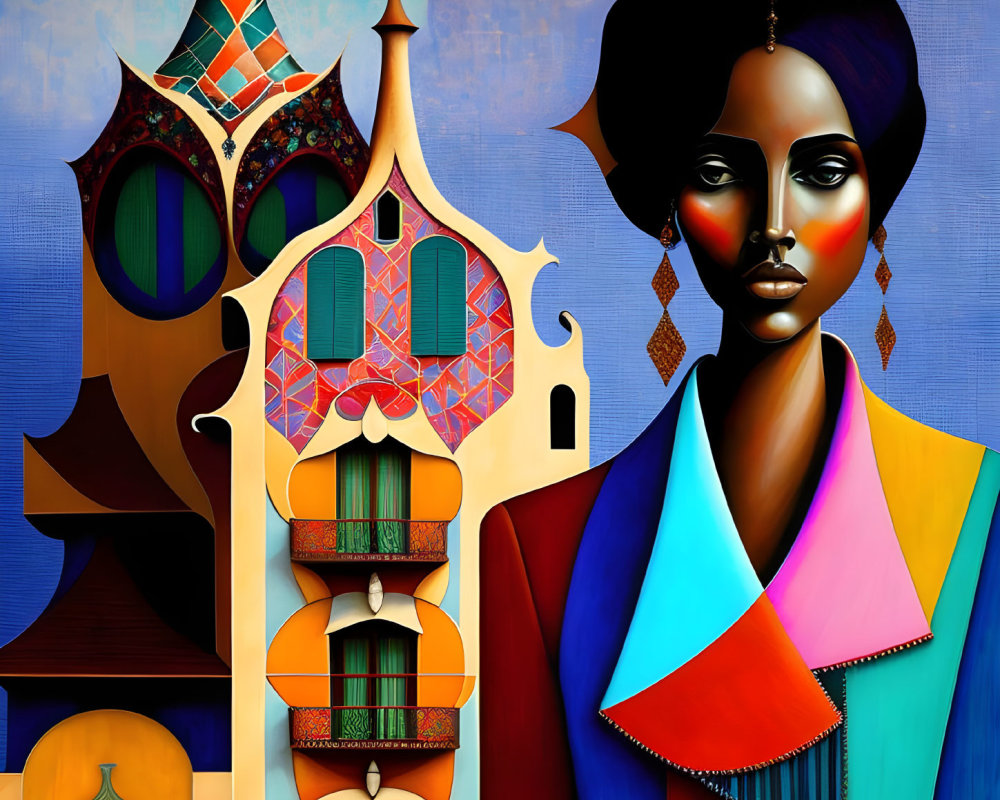 Colorful Surrealist Painting of African Woman in Gaudí-Inspired Setting