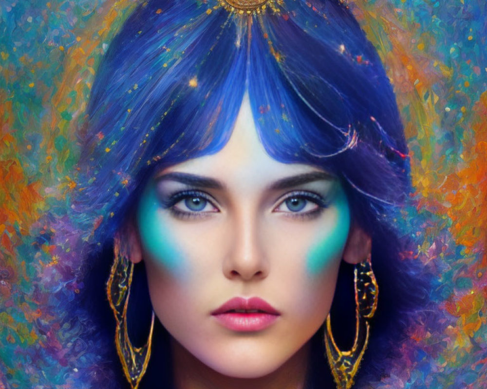 Vibrant blue hair woman with cosmic makeup in mystical setting