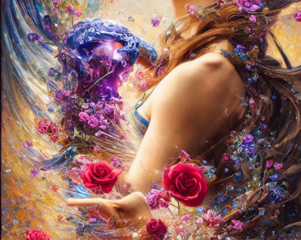 Digital art: Woman with floral hair in vibrant rose whirl with jellyfish-like form