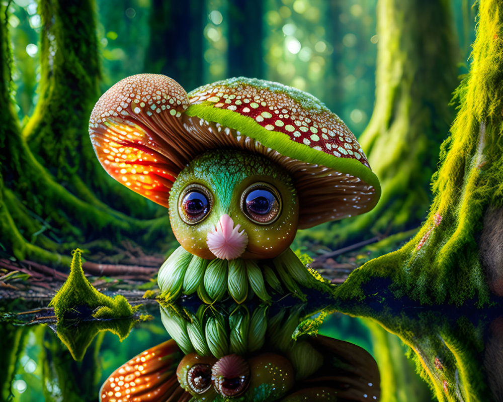 Whimsical creature with mushroom cap in enchanted forest