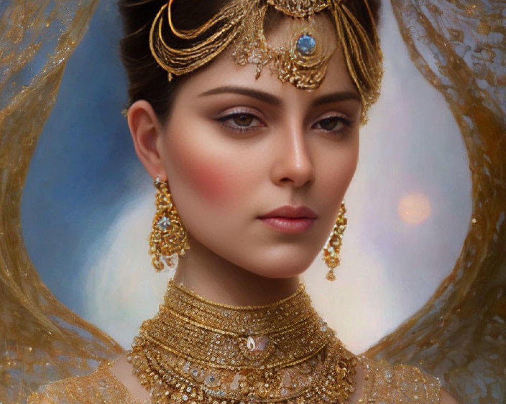 Elaborately adorned woman with gold jewelry in serene pose