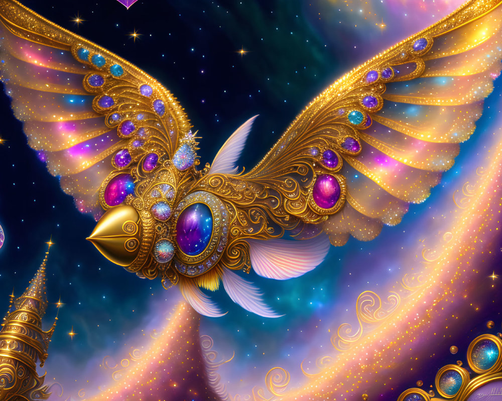 Ornate golden bird with jewels flying near whimsical golden spires