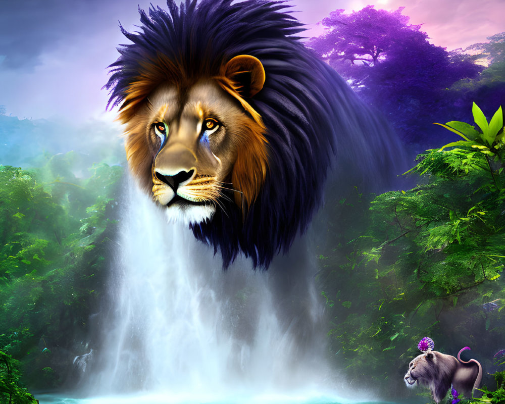 Lion's head with flowing mane in jungle scene with waterfall and foliage