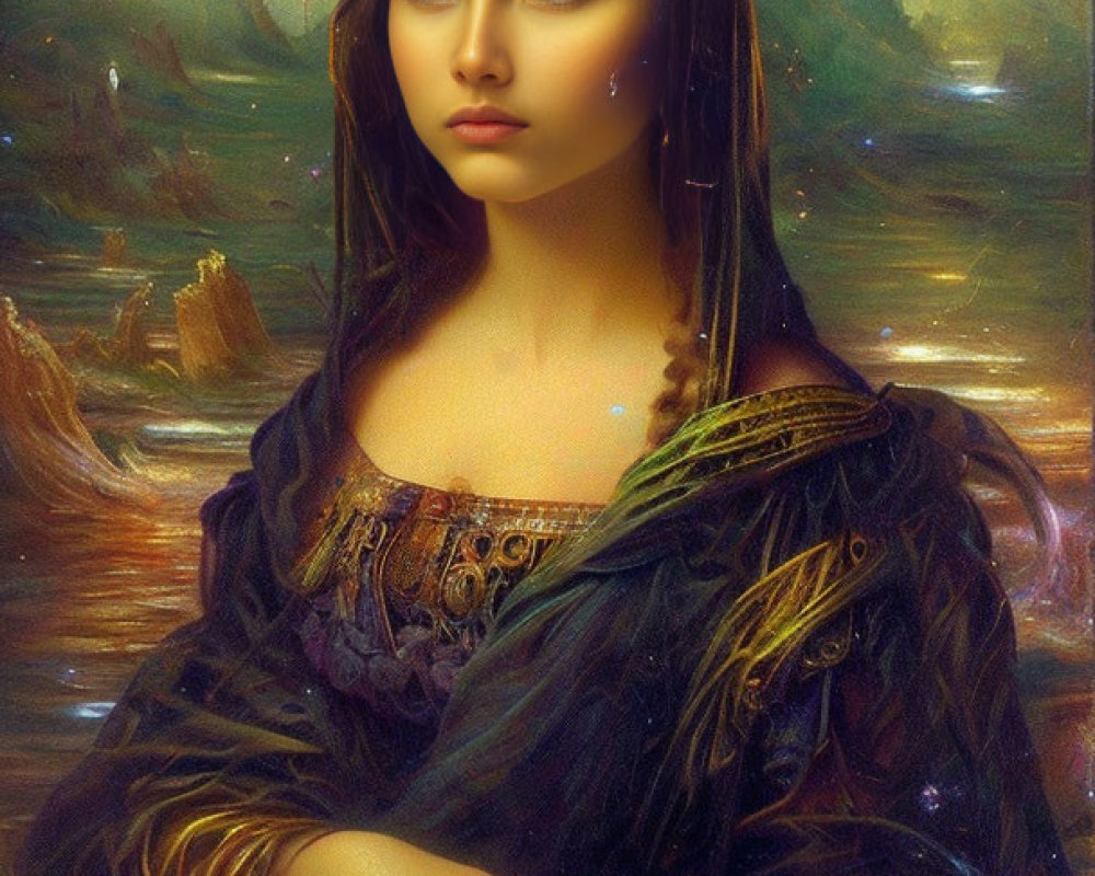 Digital artwork blending Mona Lisa with galactic background and cosmic elements.