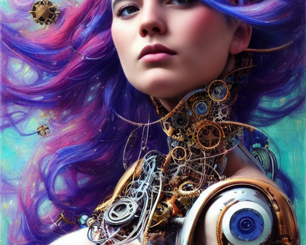 Colorful depiction of woman in purple hair and steampunk attire with mechanical gears.