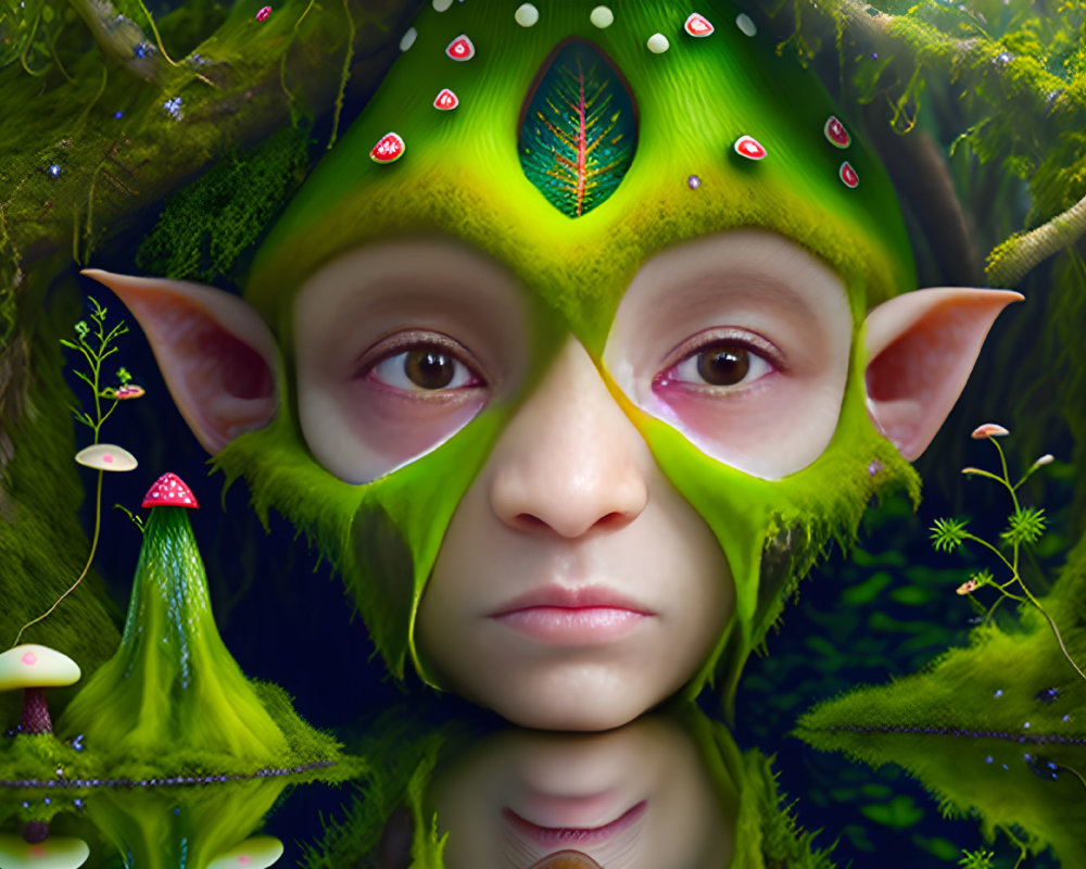 Green-skinned creature with elf-like ears and leaf pattern in forest setting