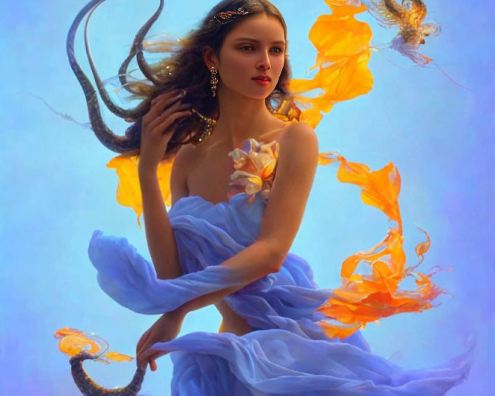 Woman in Blue Dress with Golden Flowers and Ethereal Flames on Soft Blue Background