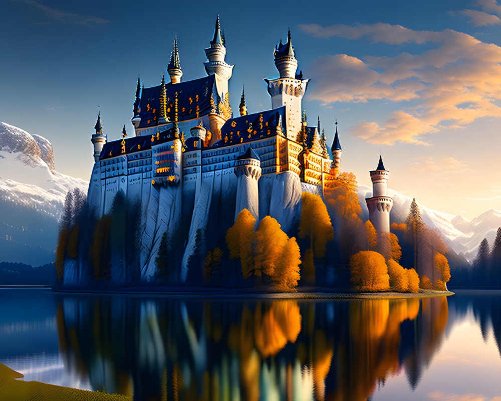 Castle with spires by lake, autumn forest, mountain horizon at dusk