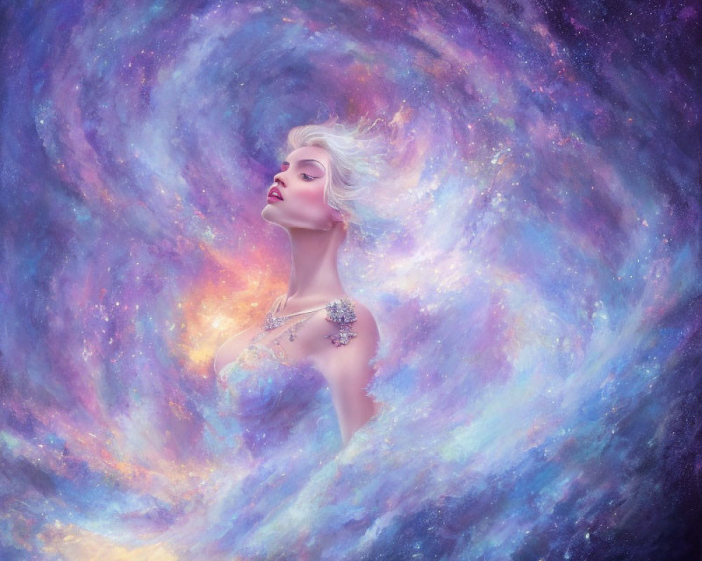 Surreal portrait of a woman with cosmic-inspired imagery and vibrant nebula patterns