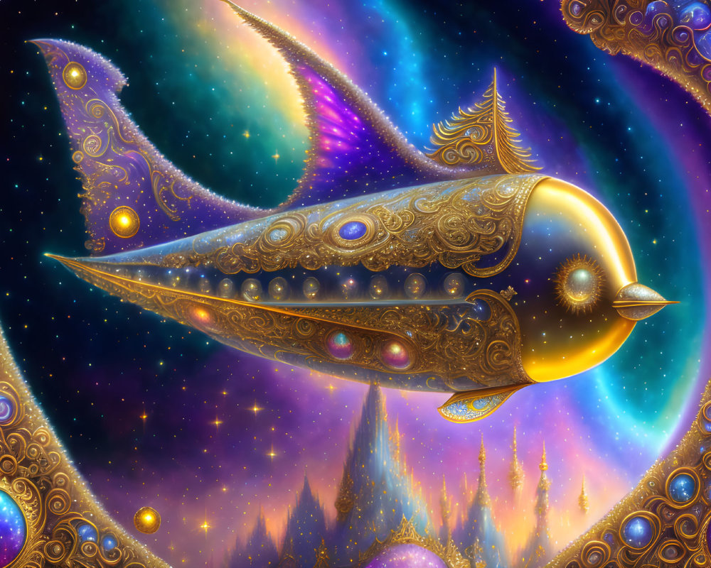 Golden spaceship with intricate designs in vibrant cosmic setting