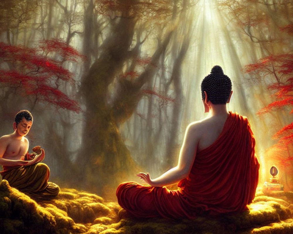 Peaceful meditation scene in sunlit forest with red foliage