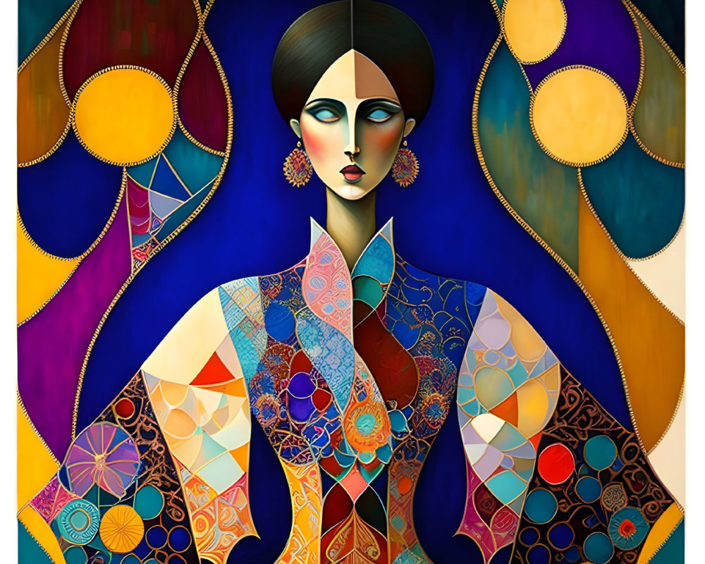 Colorful Stylized Portrait of Woman with Geometric Patterns on Dress