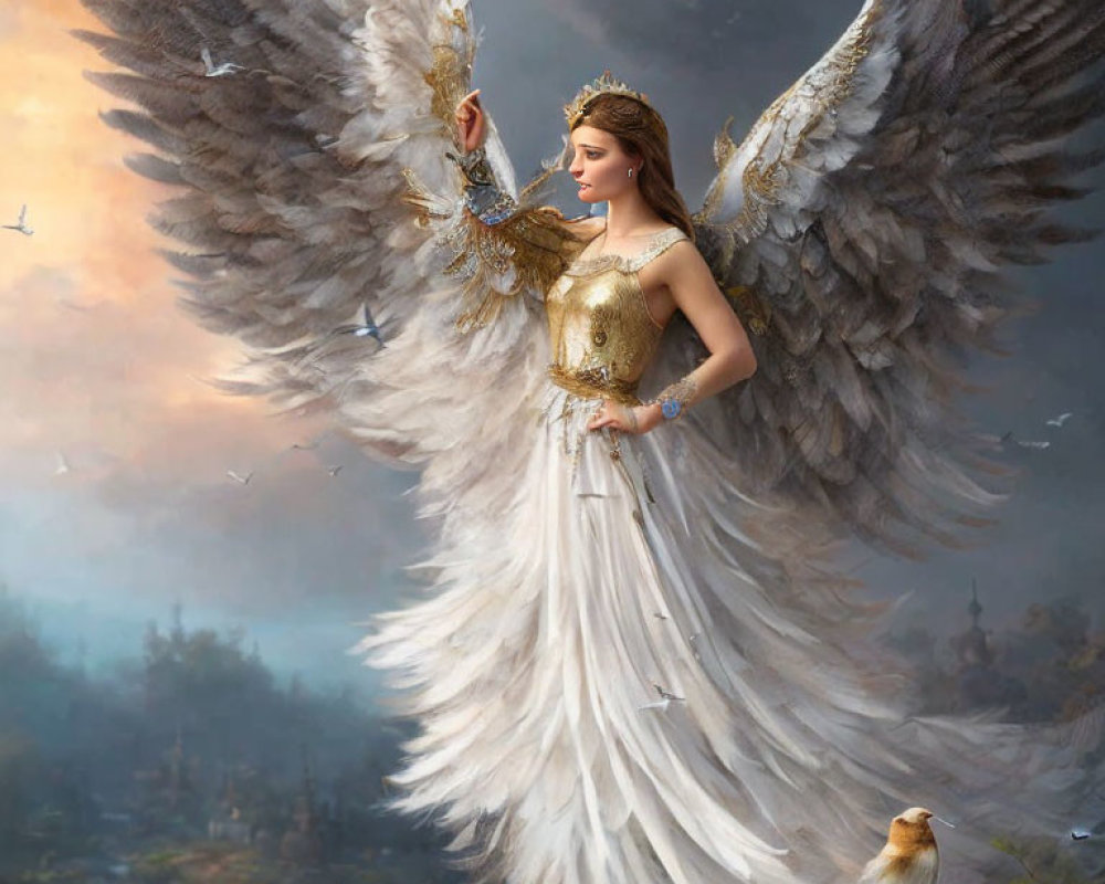 Majestic female figure with angelic wings in golden-white gown holding a scepter