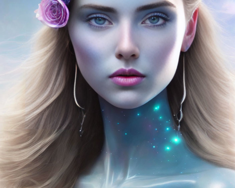 Woman with Galaxy-Themed Skin and Blue Eyes in Celestial Setting