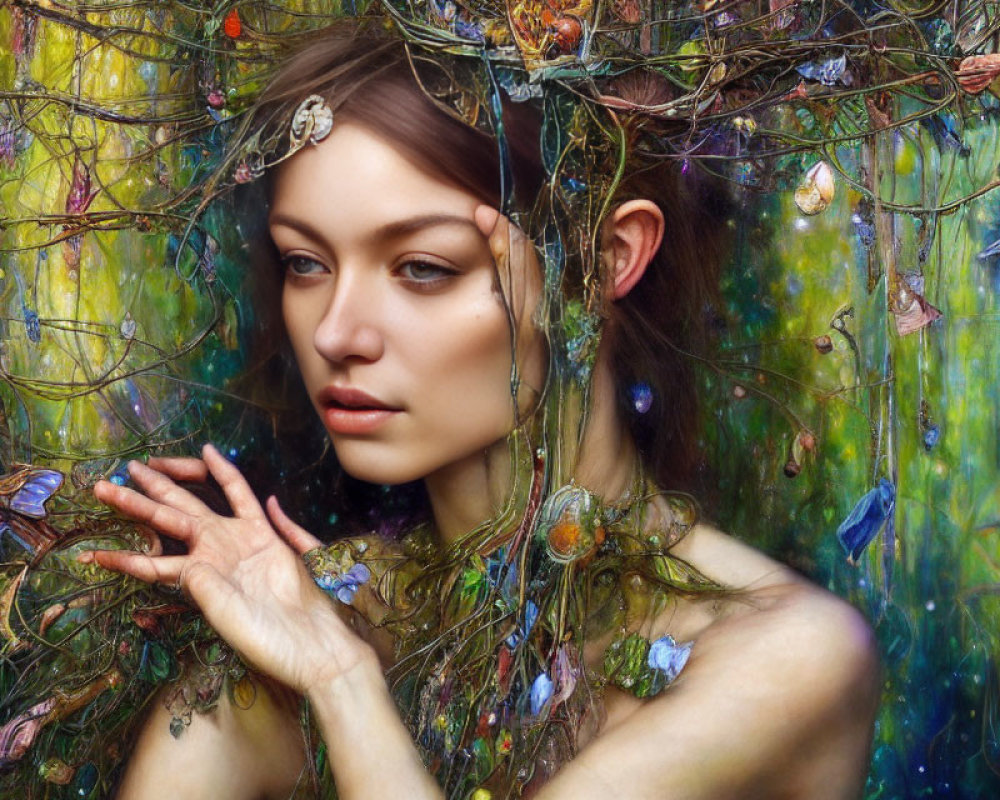 Woman intertwined with vines and butterflies on vibrant, abstract background