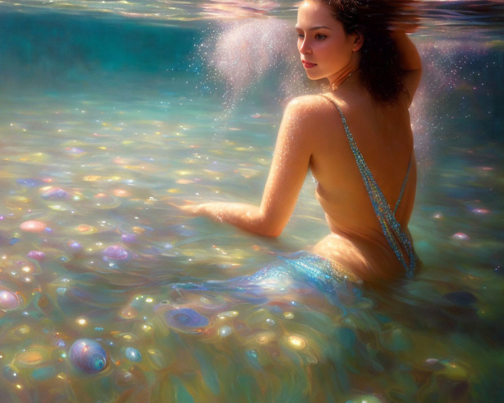 Mermaid-themed woman in sparkling water with iridescent bubbles.