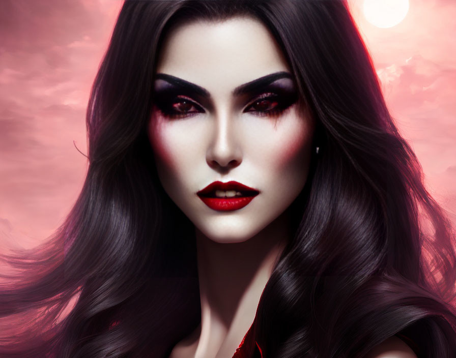 Dark-haired woman with bold red lipstick and dramatic eye makeup on red backdrop with glowing orb.