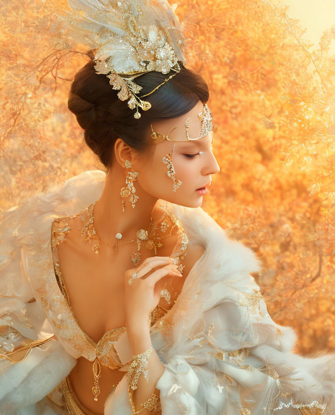 Woman in white feathered outfit with golden jewelry against autumn backdrop