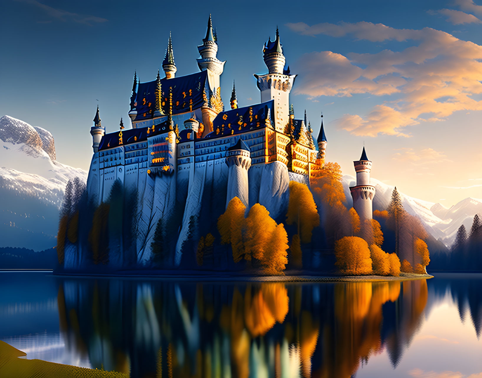 Castle with spires by lake, autumn forest, mountain horizon at dusk