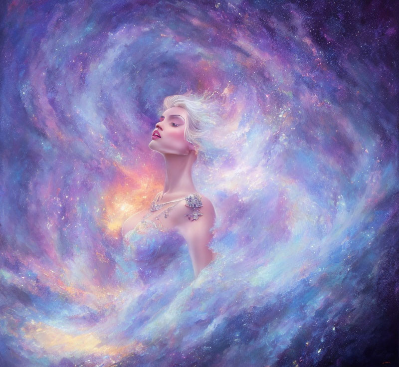 Surreal portrait of a woman with cosmic-inspired imagery and vibrant nebula patterns