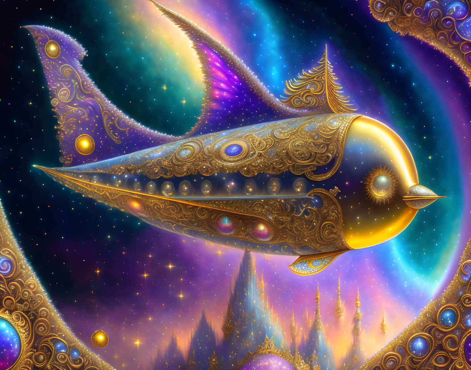 Golden spaceship with intricate designs in vibrant cosmic setting