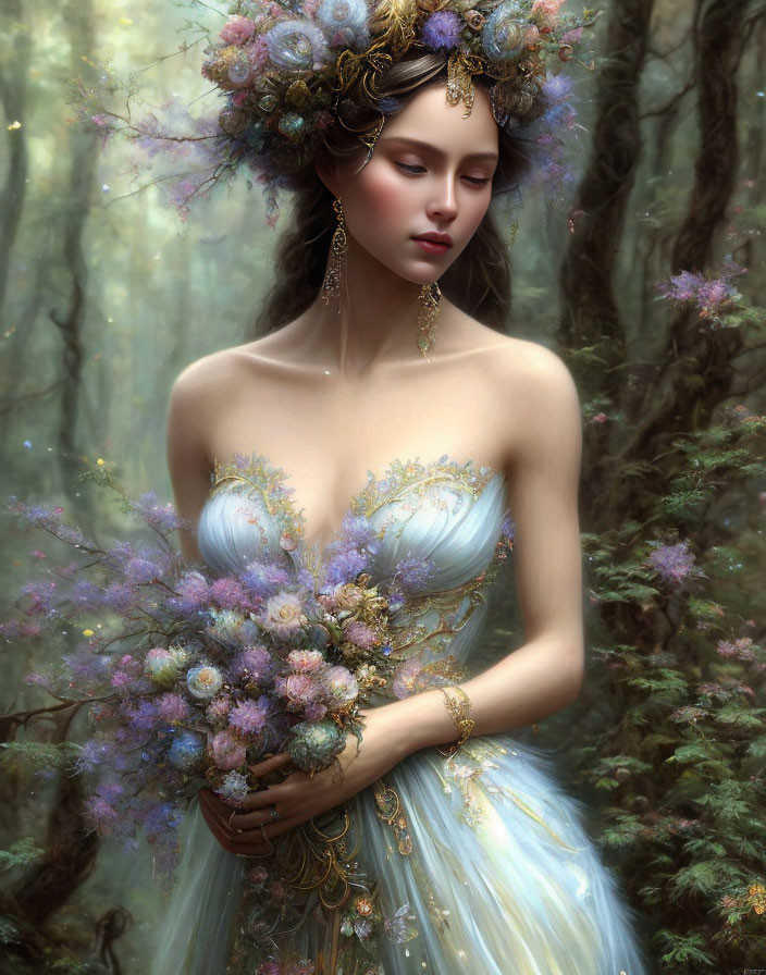 Woman in ethereal gown with flowers in misty forest