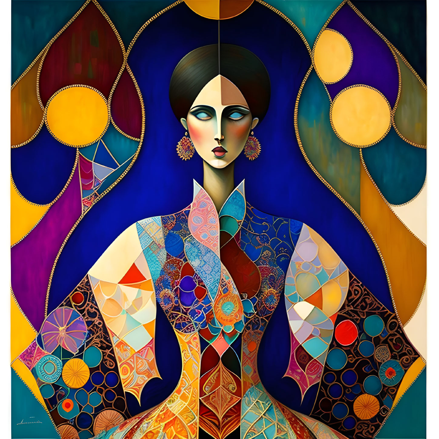 Colorful Stylized Portrait of Woman with Geometric Patterns on Dress