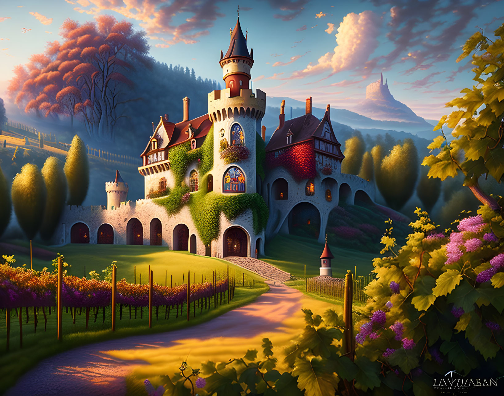 Fantastical castle in lush foliage with vineyards under colorful dusk sky