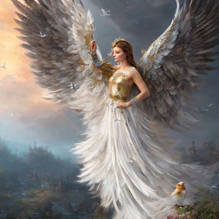 Majestic female figure with angelic wings in golden-white gown holding a scepter