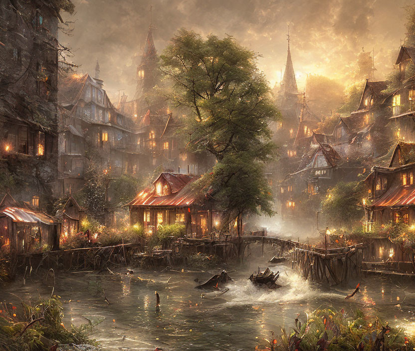 Fantasy village scene: glowing windows, gentle river, rustic bridges, boats, golden light