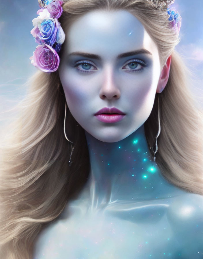 Woman with Galaxy-Themed Skin and Blue Eyes in Celestial Setting