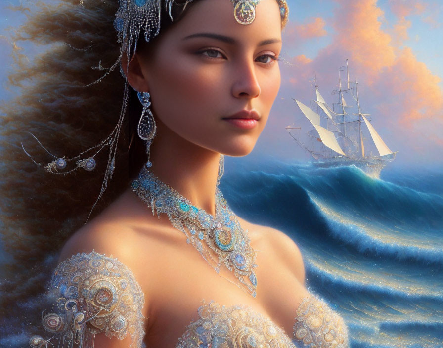 Portrait of Woman with Ornate Jewelry and Sailing Ship Background