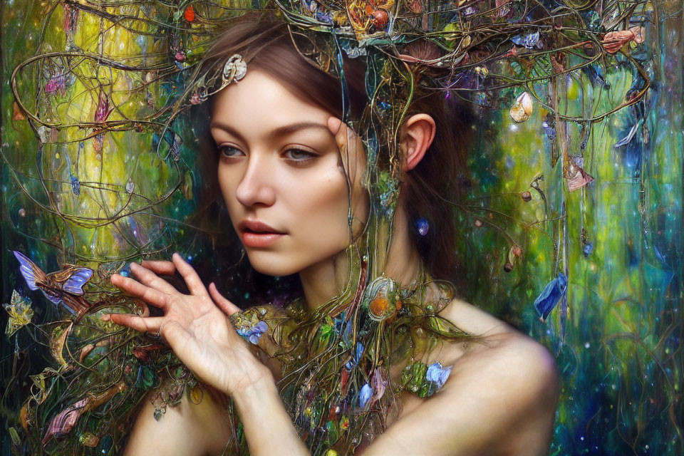 Woman intertwined with vines and butterflies on vibrant, abstract background