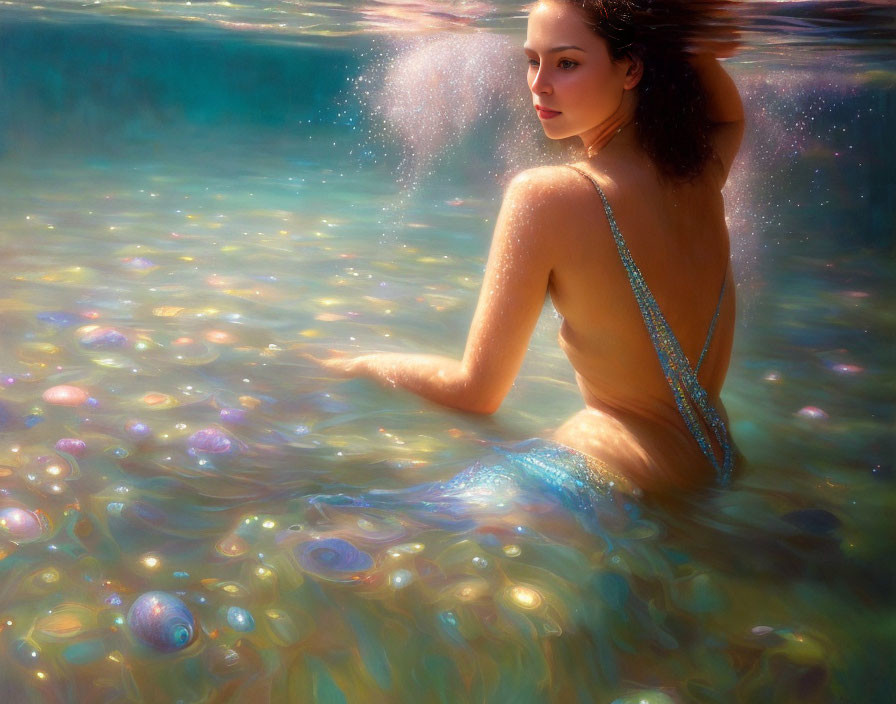 Mermaid-themed woman in sparkling water with iridescent bubbles.