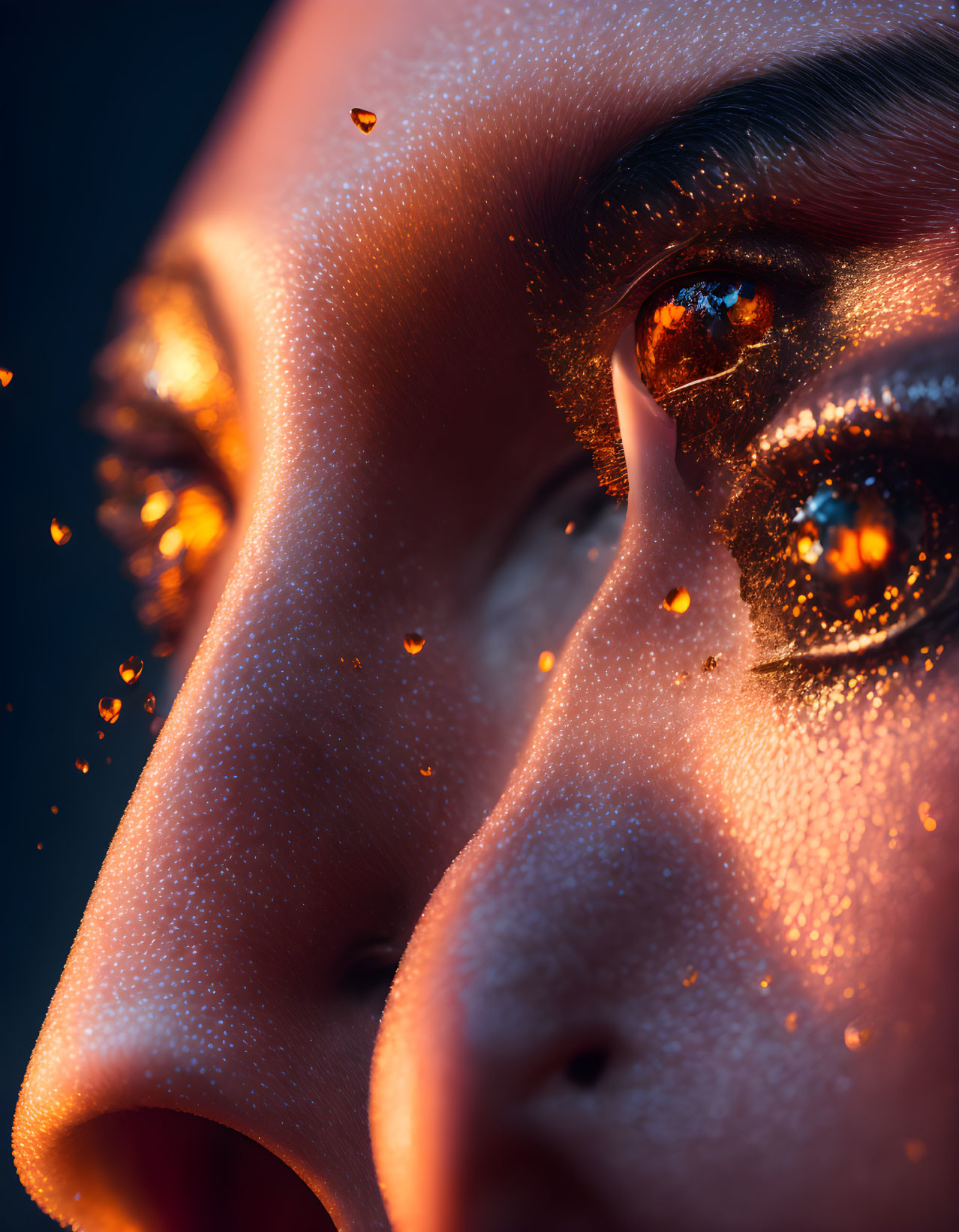 Shimmering orange particles on person's face create ethereal glow