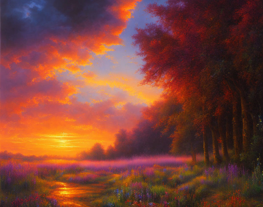 Colorful sunset illuminating flowers and trees in a field