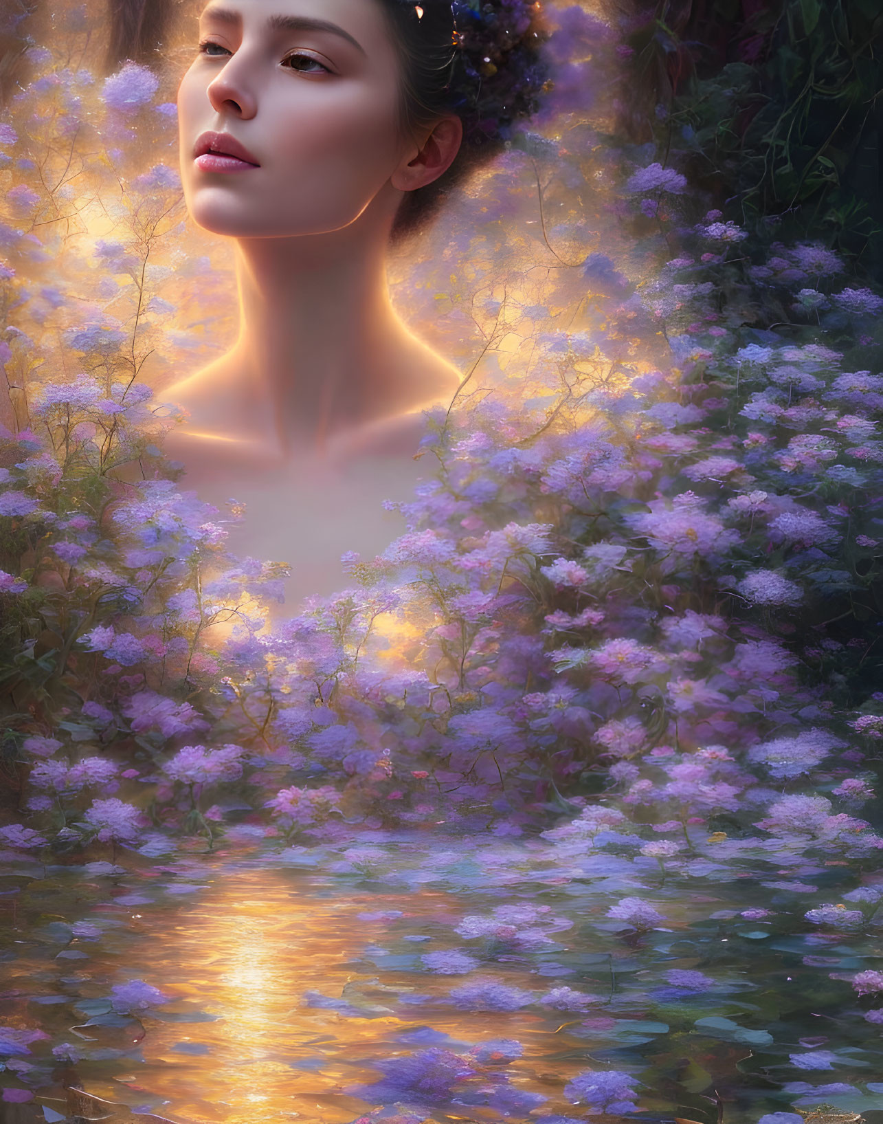 Woman in Serene Setting with Luminous Flowers and Water Reflection