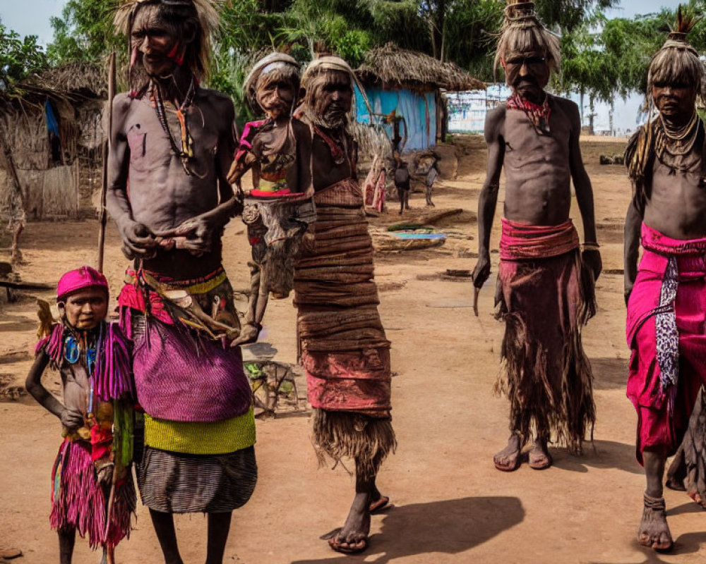 Indigenous people in traditional attire with elaborate headgear and colorful garments in rural village.