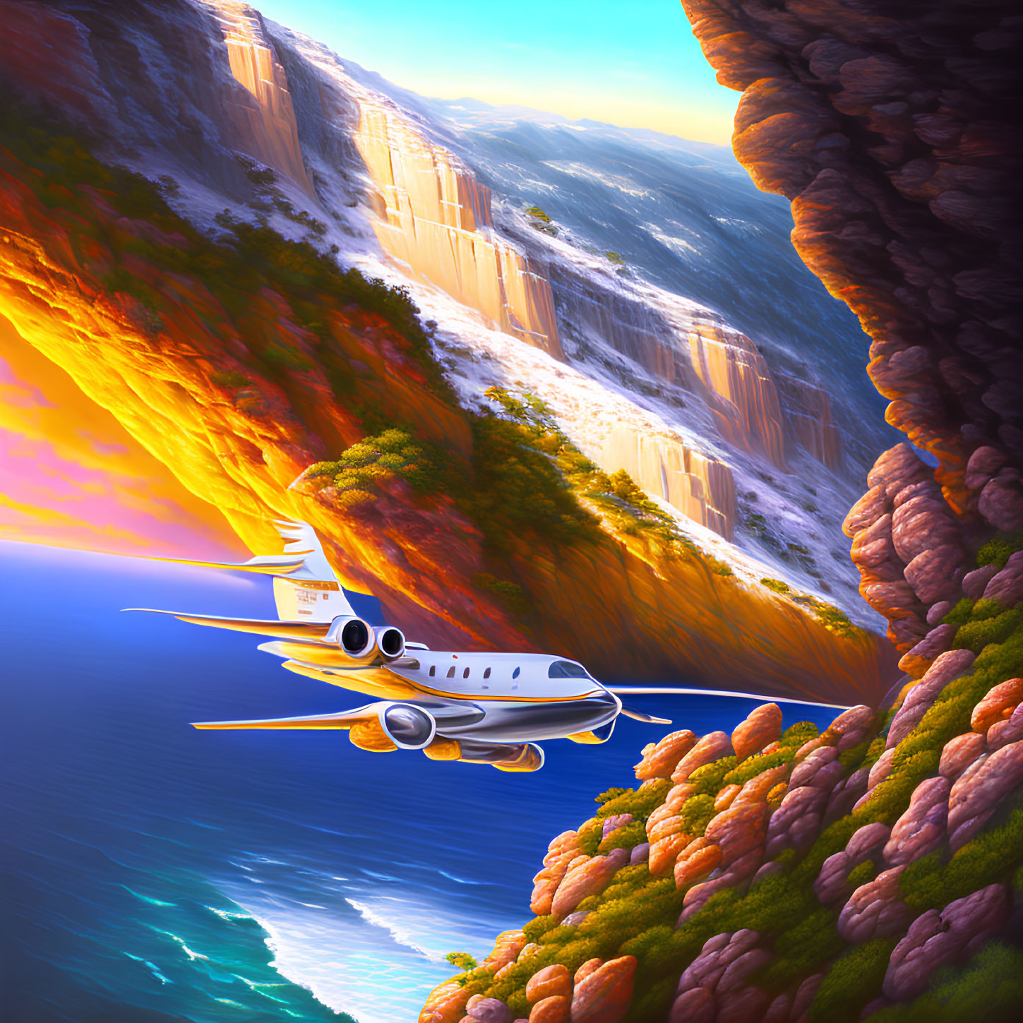 Jet soaring over vibrant canyon with waterfalls and sunlit cliffs