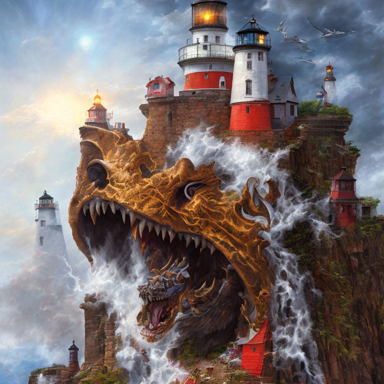 Fantastical scene of lighthouses on rugged cliff with roaring dragon and waterfalls