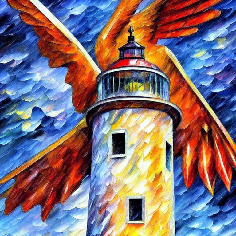 Colorful Lighthouse Painting with Abstract Wings in Blue Sky