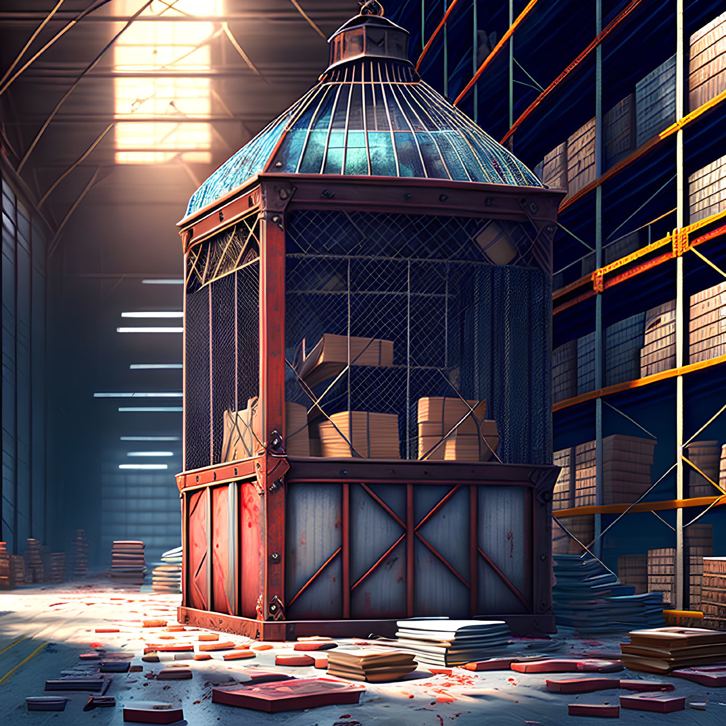 Birdcage-like structure filled with books in sunlit library