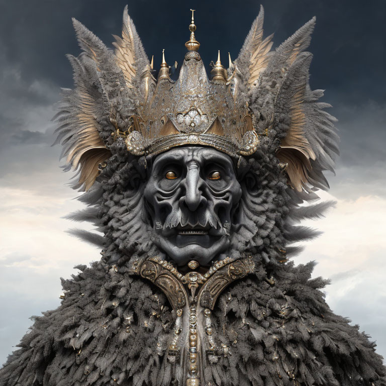 Regal figure in crown and fur coat with mournful mask under stormy sky