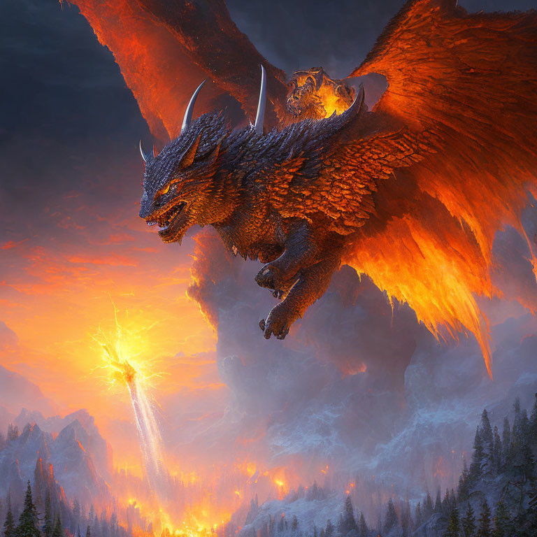 Orange Dragon Flying Over Fiery Forest Breathing Fire